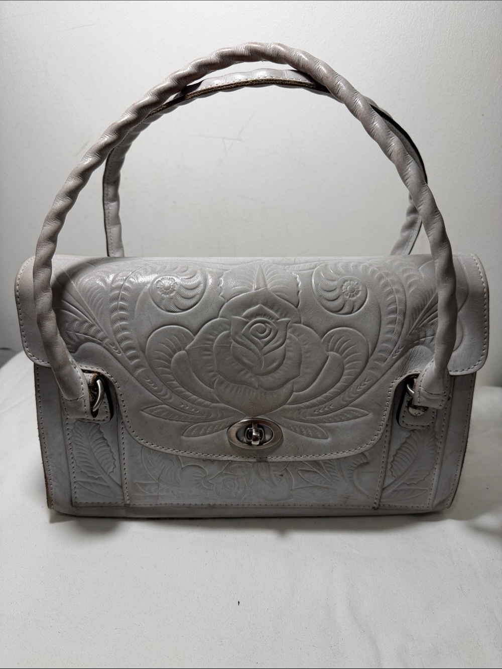 Patricia Nash Waxed Tooled Sanabria Satchel Light Grey Leather Handbag